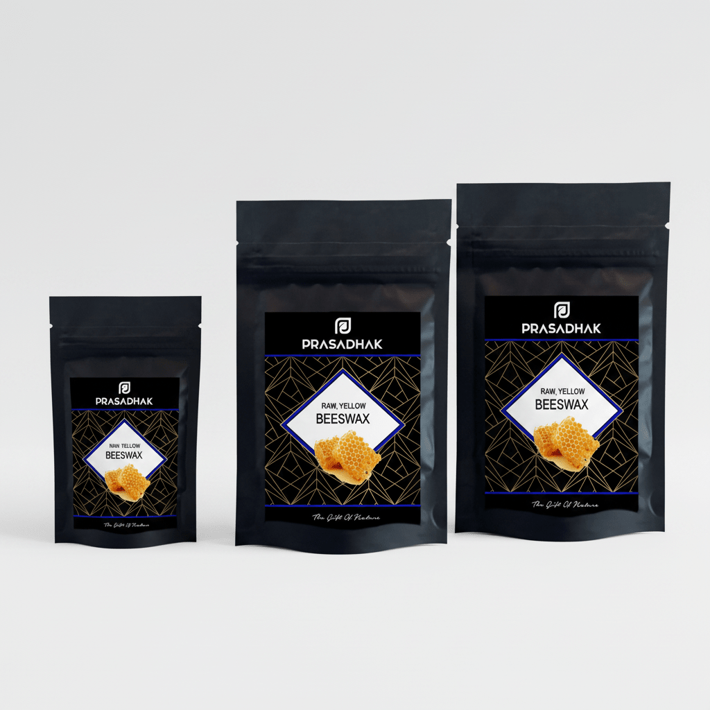 Three black stand-up pouches of Prasadhak Raw Yellow Beeswax in different sizes, arranged in ascending order against a light gray background.