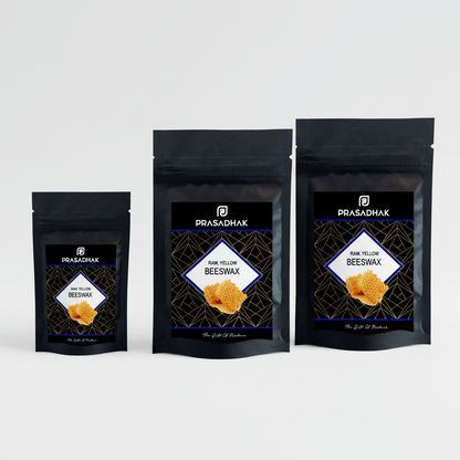 Three black stand-up pouches of Prasadhak Raw Yellow Beeswax in different sizes, arranged in ascending order against a light gray background.