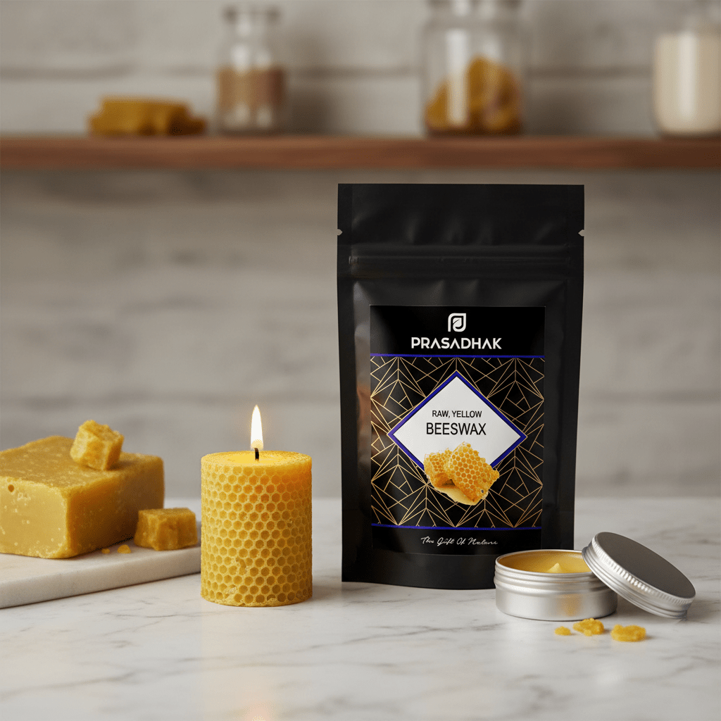 A black stand-up pouch of Prasadhak Dark Yellow Beeswax is displayed on a marble surface next to a yellow honeycomb candle, a bar of yellow wax, and an open tin of beeswax with its lid beside it.