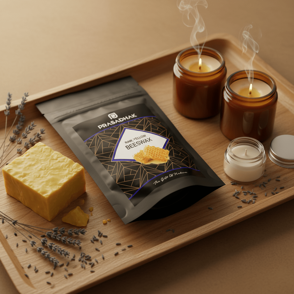 A matte black pouch of Prasadhak Beeswax pouch is displayed on a wooden tray alongside a bar of yellow wax, lavender sprigs, and two lit amber candles with visible steam.