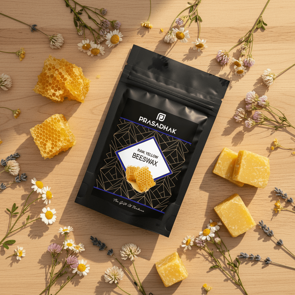 A black resealable pouch of PRASADHAK Pure Yellow Beeswax is arranged on a light wood surface with scattered white and purple flowers, honeycomb pieces, and several yellow wax blocks. The pouch label reads PRASADHAK and BEESWAX.