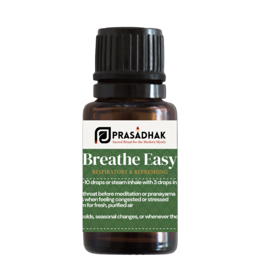 Prasadhak Breathe Easy Essential Oil Blend bottle - eucalyptus, peppermint, lemon, tea tree