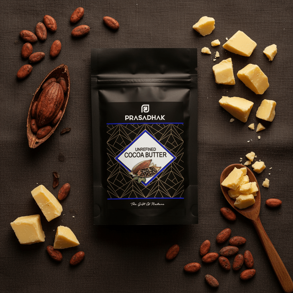 A black stand-up pouch of Prasadhak Unrefined Cocoa Butter is arranged in a styled flat lay on a dark brown textured surface, surrounded by cocoa beans, cocoa butter chunks, and wooden spoons with pieces of the product.