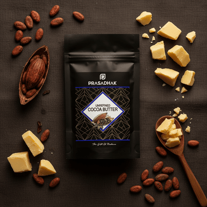 A black stand-up pouch of Prasadhak Unrefined Cocoa Butter is arranged in a styled flat lay on a dark brown textured surface, surrounded by cocoa beans, cocoa butter chunks, and wooden spoons with pieces of the product.