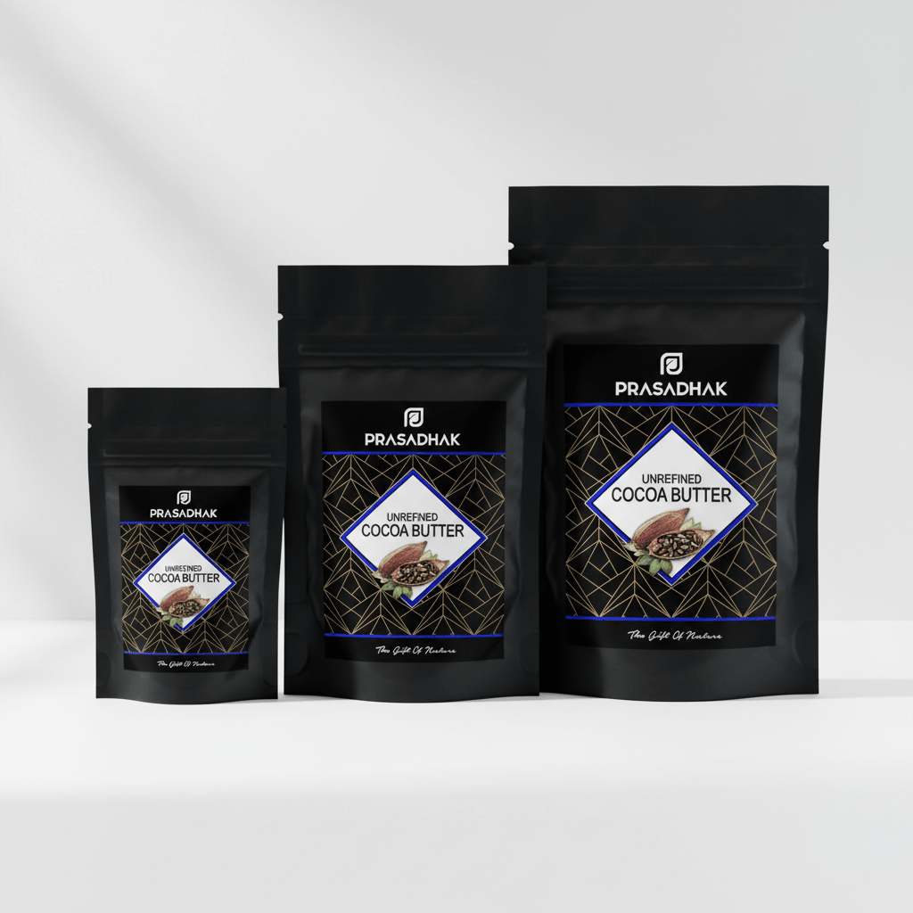 Three stand-up pouches of Prasadhak Unrefined Cocoa Butter in different sizes, arranged in a row against a clean white background with soft shadows.