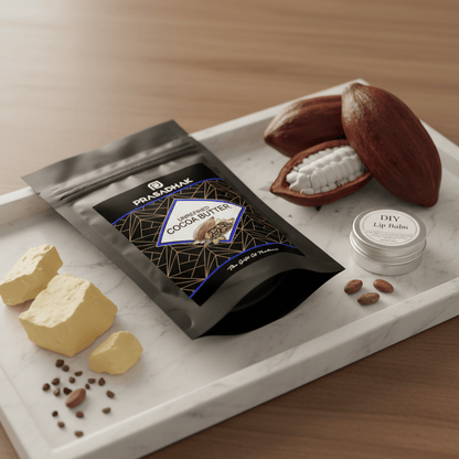 A black stand-up pouch of prasadhak Cocoa Butter pouch for DIY Lip Butter sits on a white marble tray, surrounded by cocoa beans, cacao pods, cocoa butter chunks, and a small tin of DIY Lip Butter on a wooden tabletop.