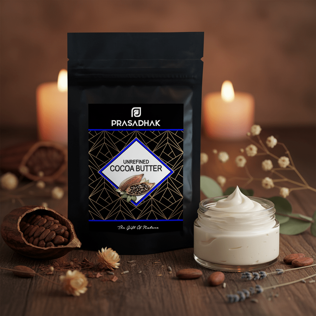 A stand-up pouch of Prasadhak Unrefined Cocoa Butter is displayed on a wooden surface next to a small glass jar filled with white cocoa butter cream, surrounded by almonds, dried flowers, and lit candles in the background.