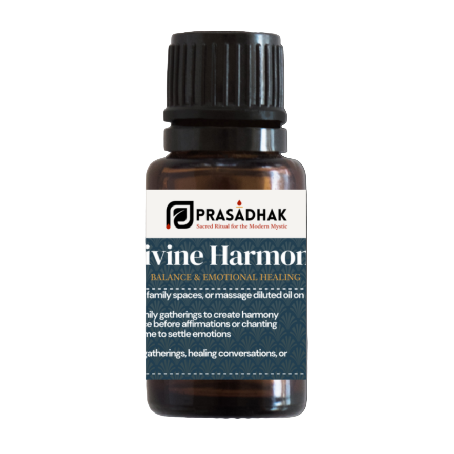 Prasadhak Divine Harmony Essential Oil Blend bottle - lavender, frankincense, geranium, orange