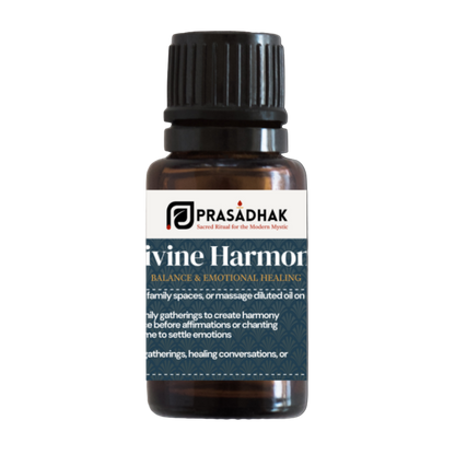 Prasadhak Divine Harmony Essential Oil Blend bottle - lavender, frankincense, geranium, orange