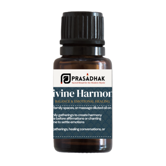 Bottle of Prasadhak Divine Harmony oil on a white background