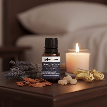 A small amber bottle labeled Prasadhak Dreamscape essential oils and aromatherapy sits on a wooden table