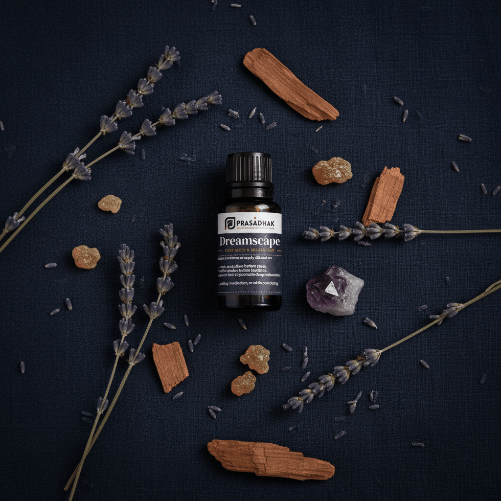 A bottle of Prasadhak Dreamscape essential oil centered on a dark navy textured background