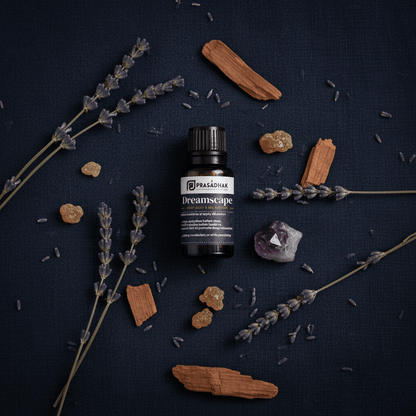 A bottle of Prasadhak Dreamscape essential oil centered on a dark navy textured background