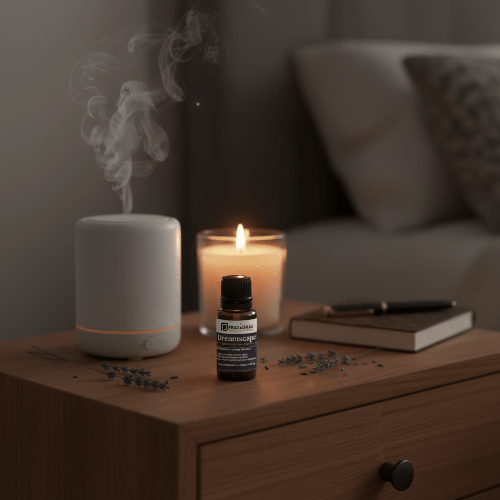 A small essential oil bottle labeled 'Prasadhak Dreamscape' stands on a wooden nightstand