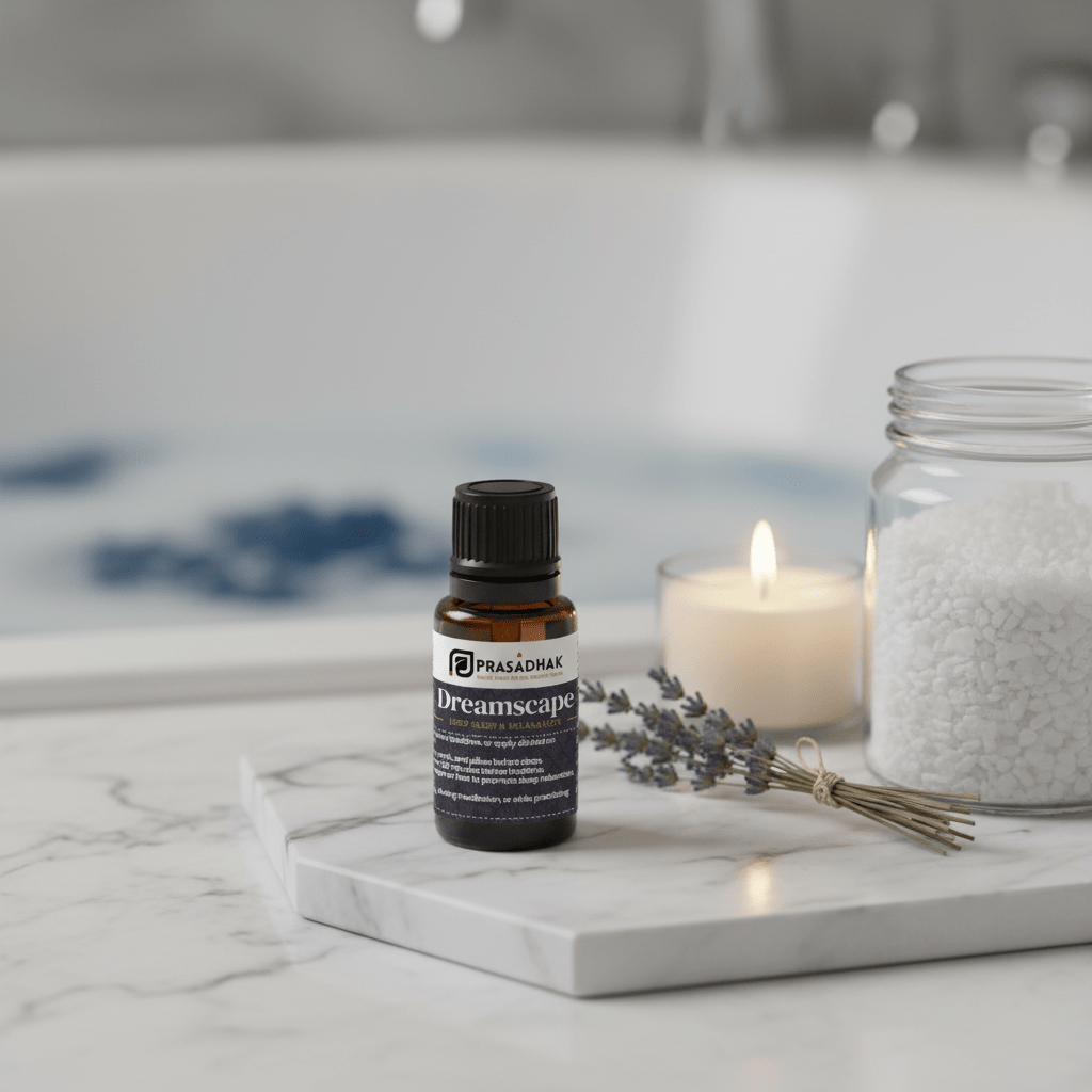 A small amber glass bottle labeled Prasadhak Dreamscape sits on a white marble tray in a spa-like setting