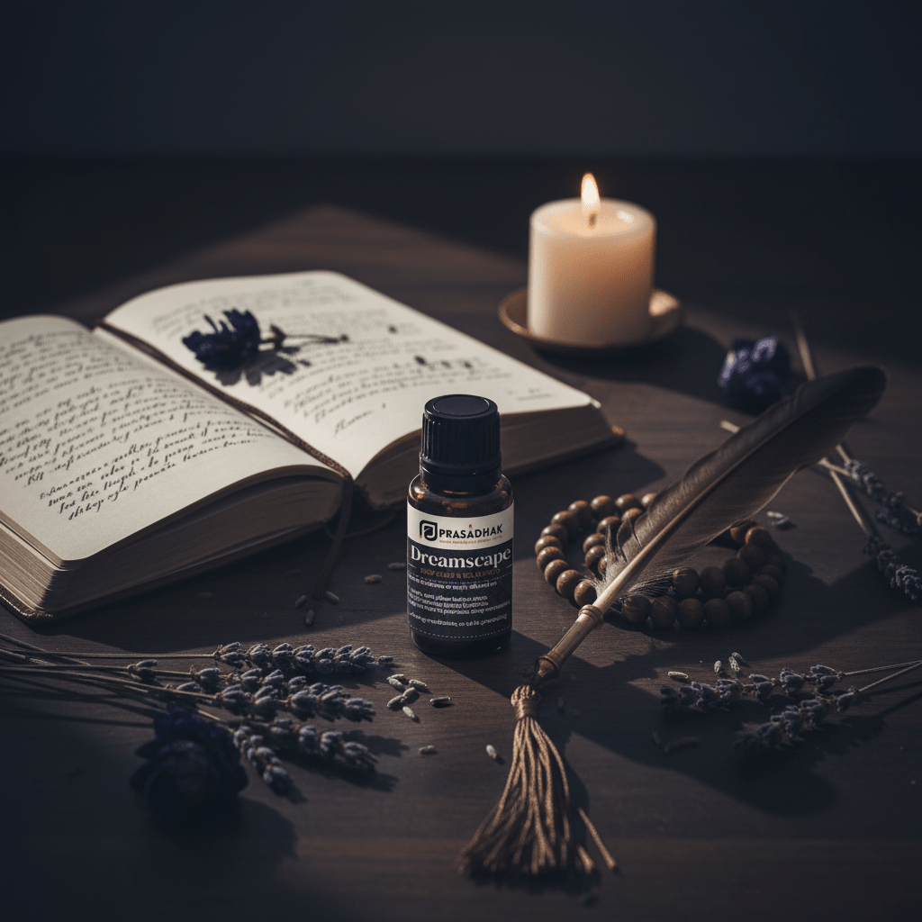 A small bottle of Dreamscape essential oil centered on a dark wooden table, surrounded by an open book
