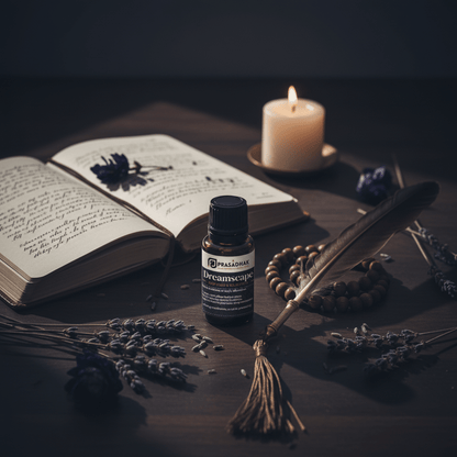 A small bottle of Dreamscape essential oil centered on a dark wooden table, surrounded by an open book