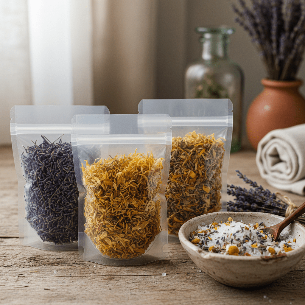 Three clear stand-up resealable pouches filled with dried botanicals
