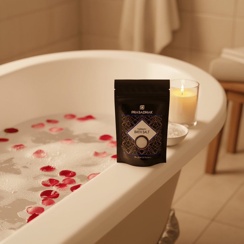 A black pouch of Prasadhak Bath Salt is placed on the edge of a bathtub filled with bubbly bath water, red rose petals, and a lit candle in a warm, relaxing bathroom setting.