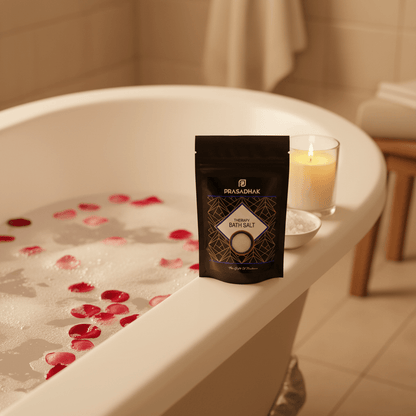 A black pouch of Prasadhak Bath Salt is placed on the edge of a bathtub filled with bubbly bath water, red rose petals, and a lit candle in a warm, relaxing bathroom setting.