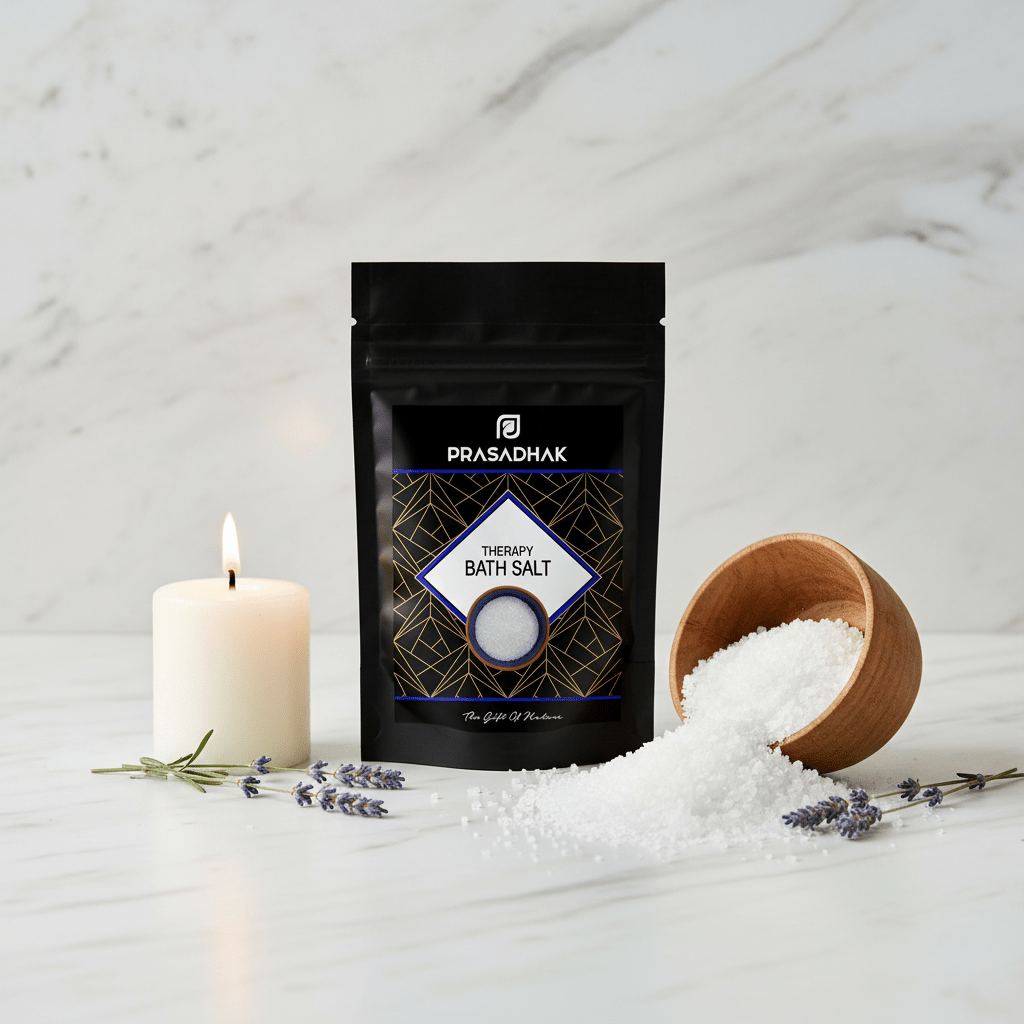 A black stand-up pouch of Prasadhak Therapy Bath Salt stands on a white marble surface, surrounded by a lit white candle, a small wooden bowl tipped with white salt spilled out, and lavender sprigs.