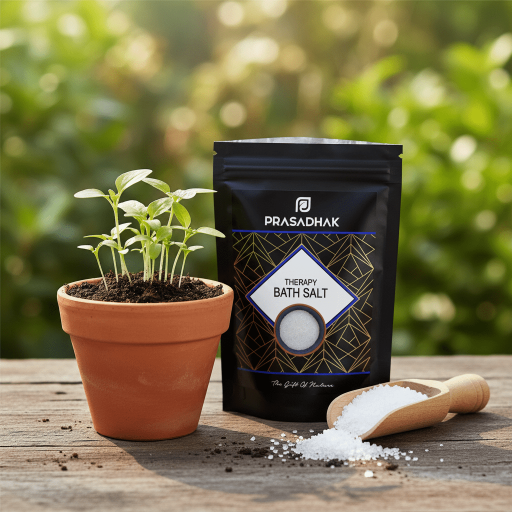A black stand-up pouch of Prasadhak Therapy Bath Salt stands on a wooden surface beside a small potted green plant and a wooden scoop containing white bath salt, with a blurred green outdoor background.