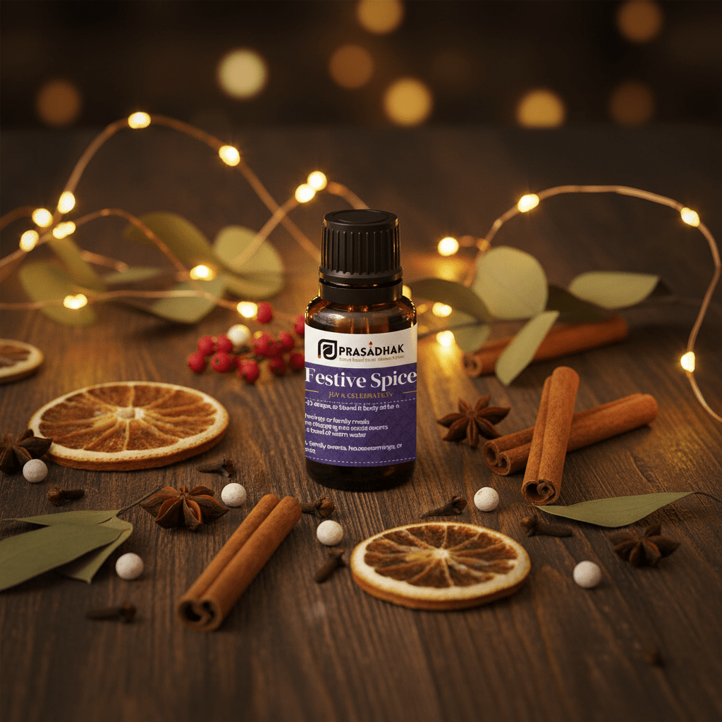 A bottle of Prasadhak Festive Spice essential oil blend and warm fairy lights in the background.