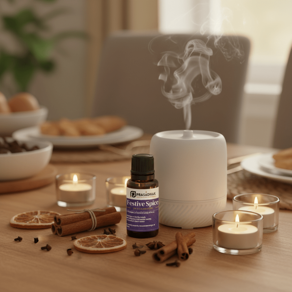 A white diffuser styled on a wooden table with a small bottle labeled Prasadhak Festive Spice diffuser oil