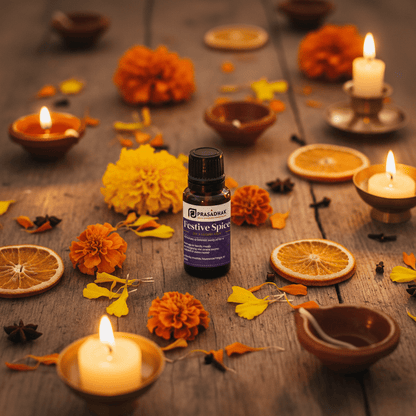 A small bottle of prasadhak Spice essential oil centered on a rustic wooden surface, surrounded by lit candles