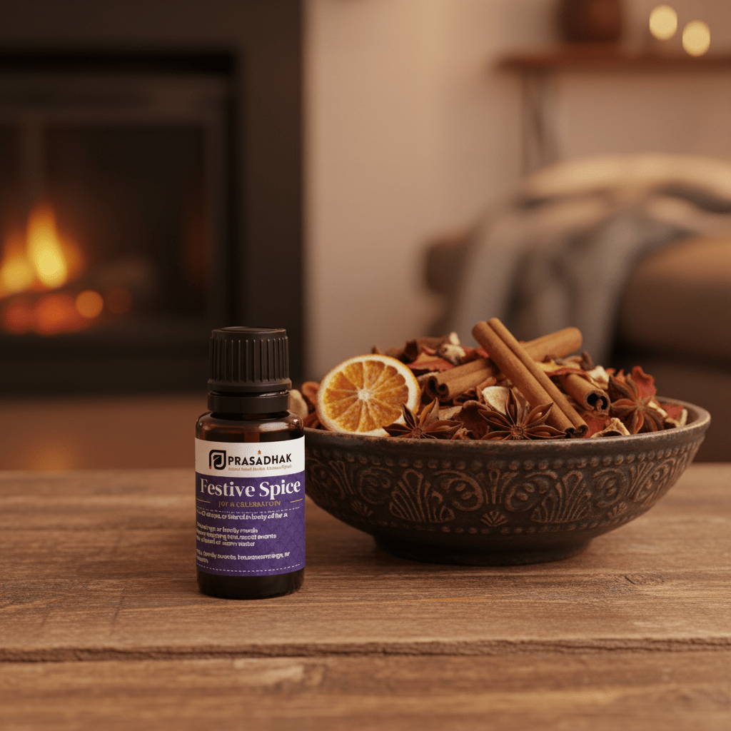 A small bottle of Prasadhak Festive Spice essential oil stands on a wooden