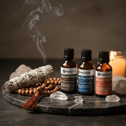 Three  essential oil bottles labeled Prasadhak Sacred Roots, Divine Harmony, and Sacred Shield stand on a dark stone tray