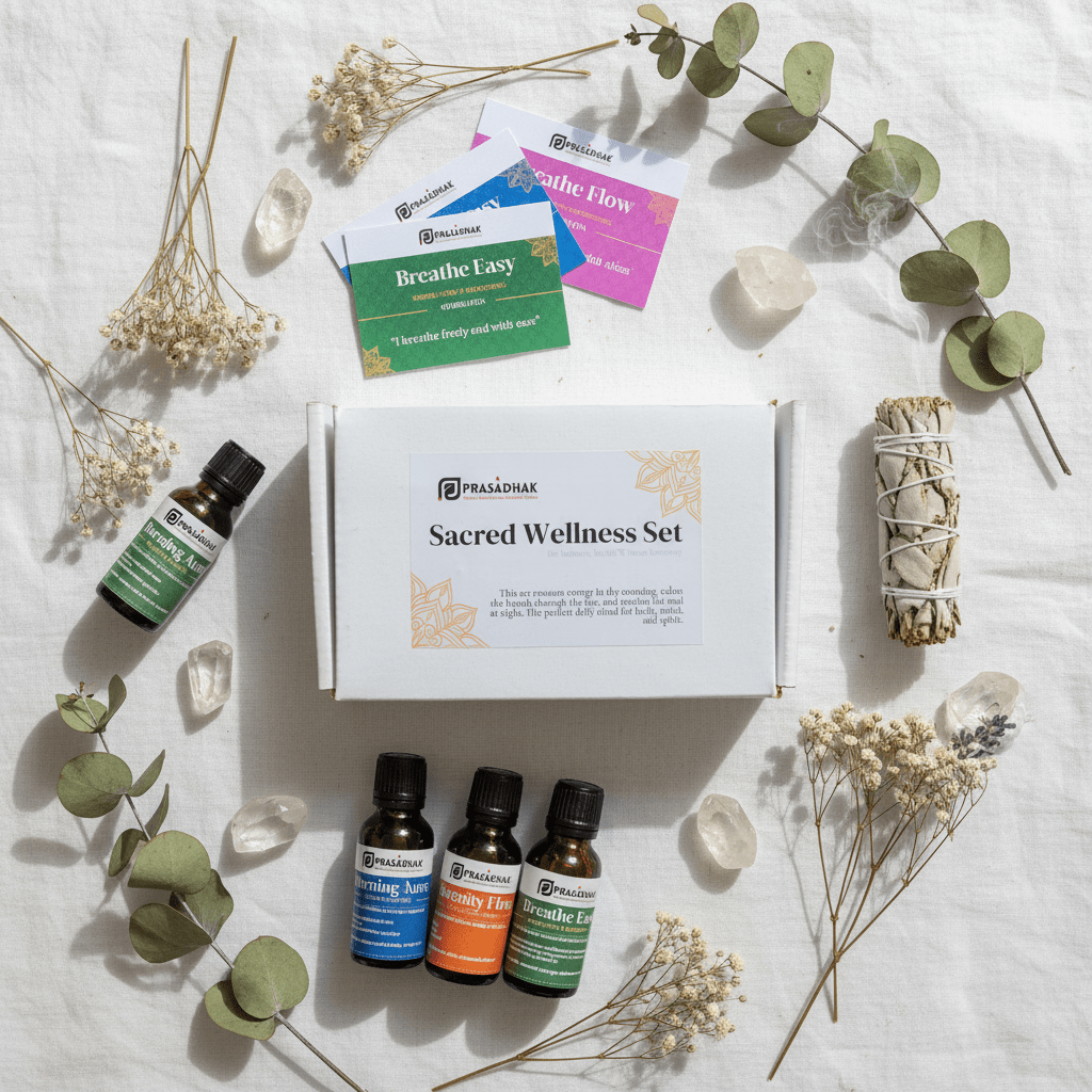 Full Sacred Wellness set flat lay on white linen with affirmation cards, sage stick, and essential oil blends