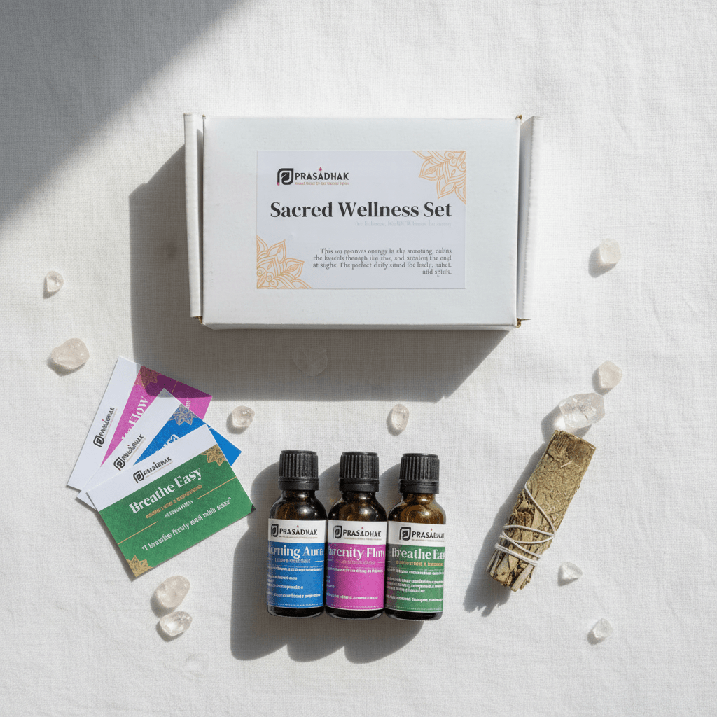 A flat-lay of the Prasadhak Sacred Wellness Set, featuring three essential oil bottles with blue, pink, and green labels