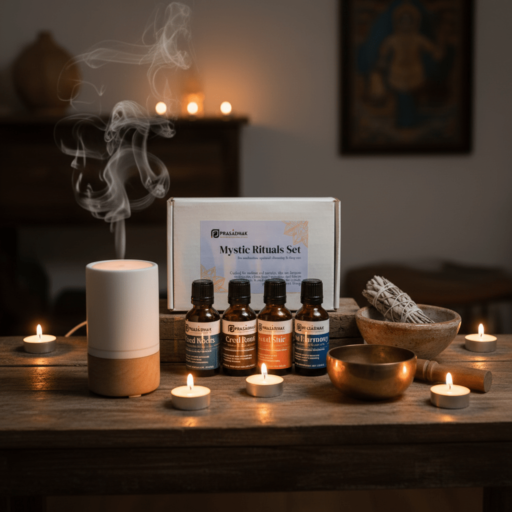 A styled tabletop scene showing a 'Mystic Rituals Set' by Prasadhak, including a white and wood diffuser