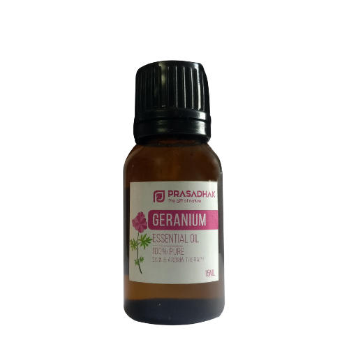 Prasadhak Rose Geranium Essential Oil bottle - 100% pure oil for aromatherapy