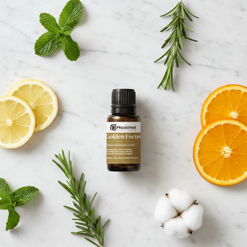 Golden Focus – Clarity & Concentration | Essential Oil Blend (30ml) alertness aromatherapy blend 4- Prasadhak