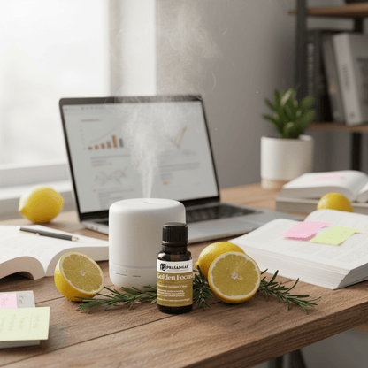 Golden Focus – Clarity & Concentration | Essential Oil Blend (30ml) alertness aromatherapy blend 3- Prasadhak
