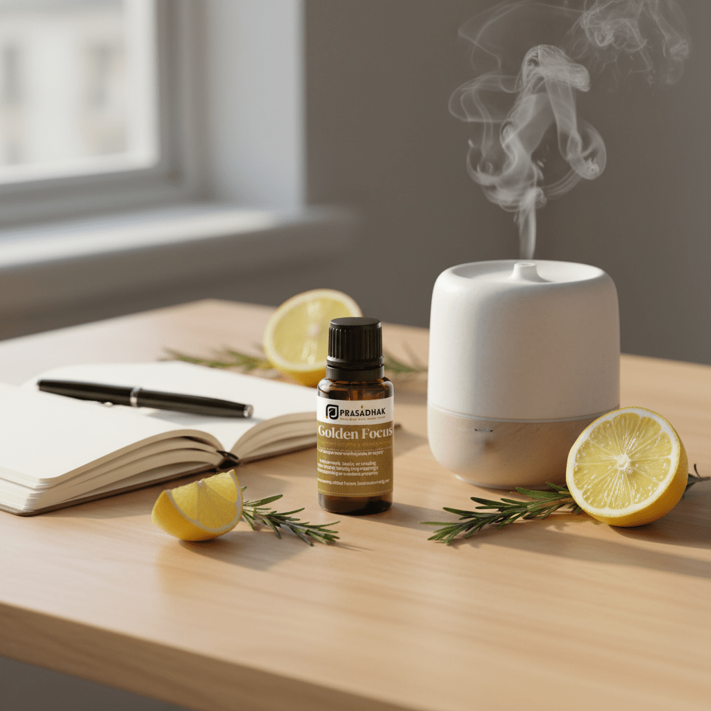 Golden Focus – Clarity & Concentration | Essential Oil Blend (30ml) alertness aromatherapy blend 2- Prasadhak