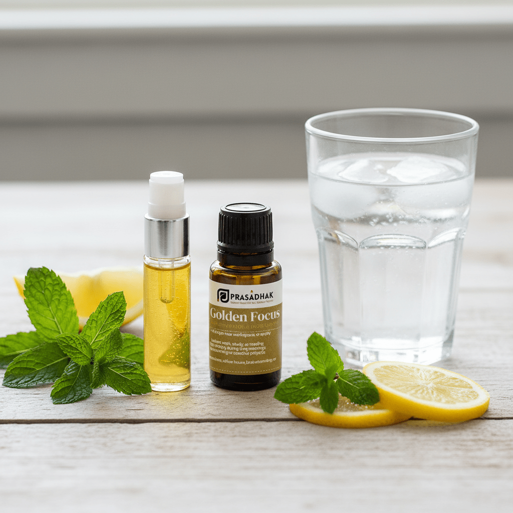 Golden Focus – Clarity & Concentration | Essential Oil Blend (30ml) alertness aromatherapy blend 5- Prasadhak