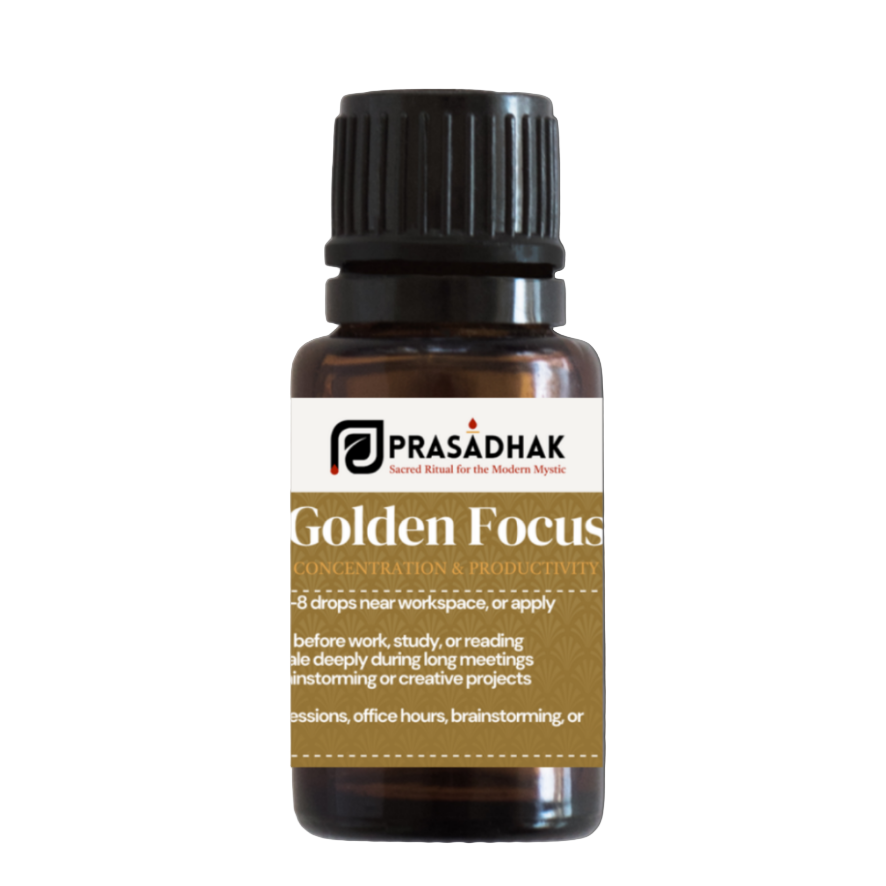 Prasadhak Golden Focus Essential Oil Blend bottle - peppermint, lemon, rosemary, orange