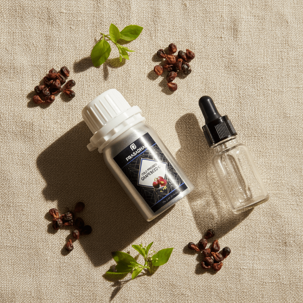 A bottle of Prasadhak Grape Seed cold pressed oil and an empty glass dropper bottle arranged on a textured beige linen background with scattered grape seeds and green leaves.