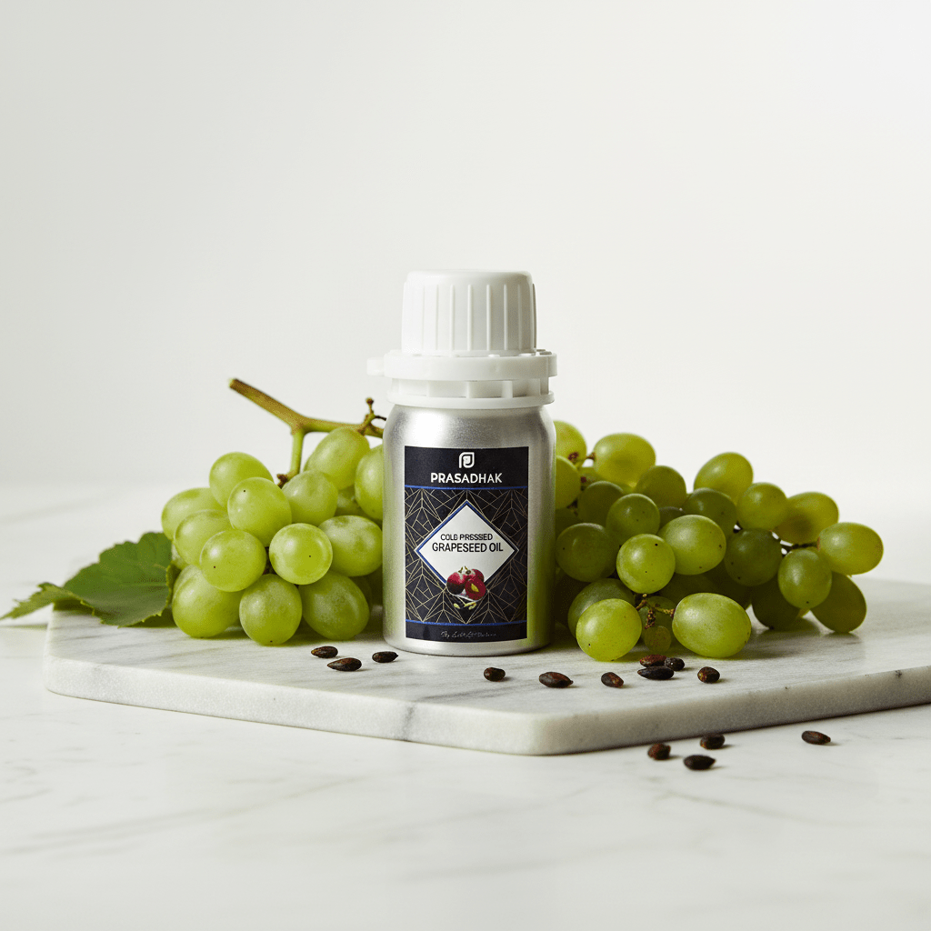 A bottle of Prasadhak Grape Seed Oil centered on a white marble slab, surrounded by green grapes, seeds, and leaves against a clean white background.