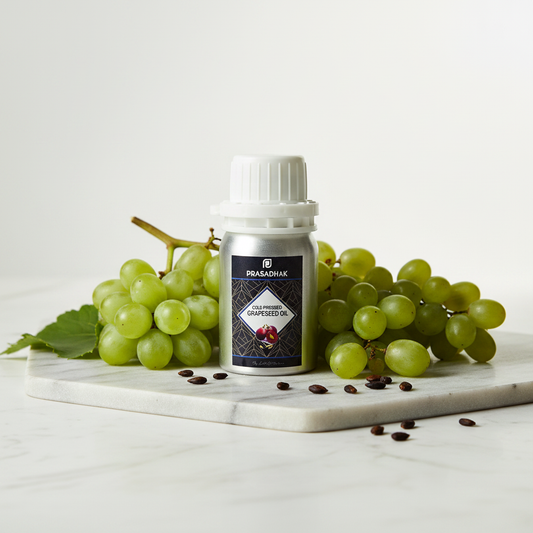 A bottle of Prasadhak Grape Seed Oil centered on a white marble slab, surrounded by green grapes, seeds, and leaves against a clean white background.