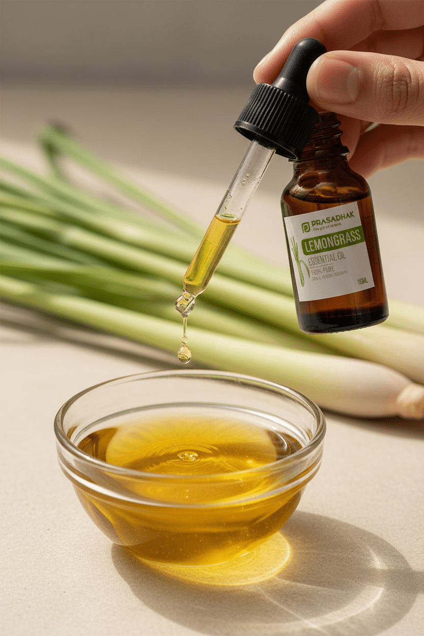 A hand holds a small amber dropper bottle labeled Prasadhak Lemongrass essential oil above a glass bowl containing golden oil, with lemongrass stalks blurred in the background.