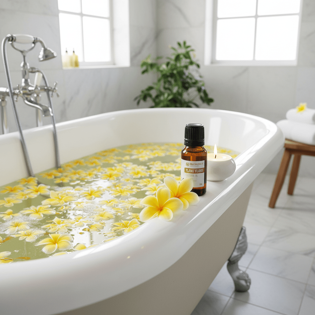 Prasadhak Ylang Ylang Essential Oil on bathtub edge with yellow flower petals floating in water and candle - spa bath scene