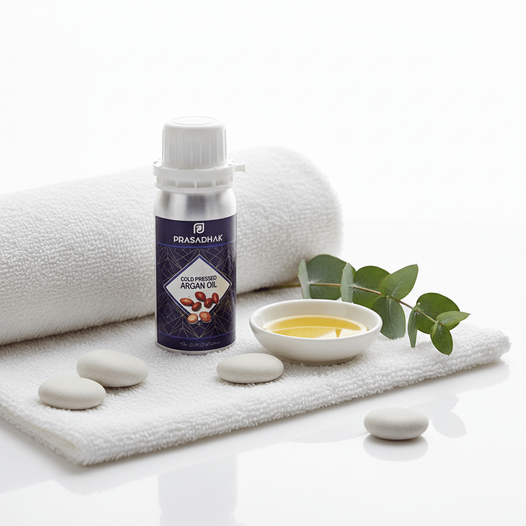 Prasadhak Cold-pressed Argan Oil on white towel with ceramic bowl and eucalyptus - bright spa aesthetic