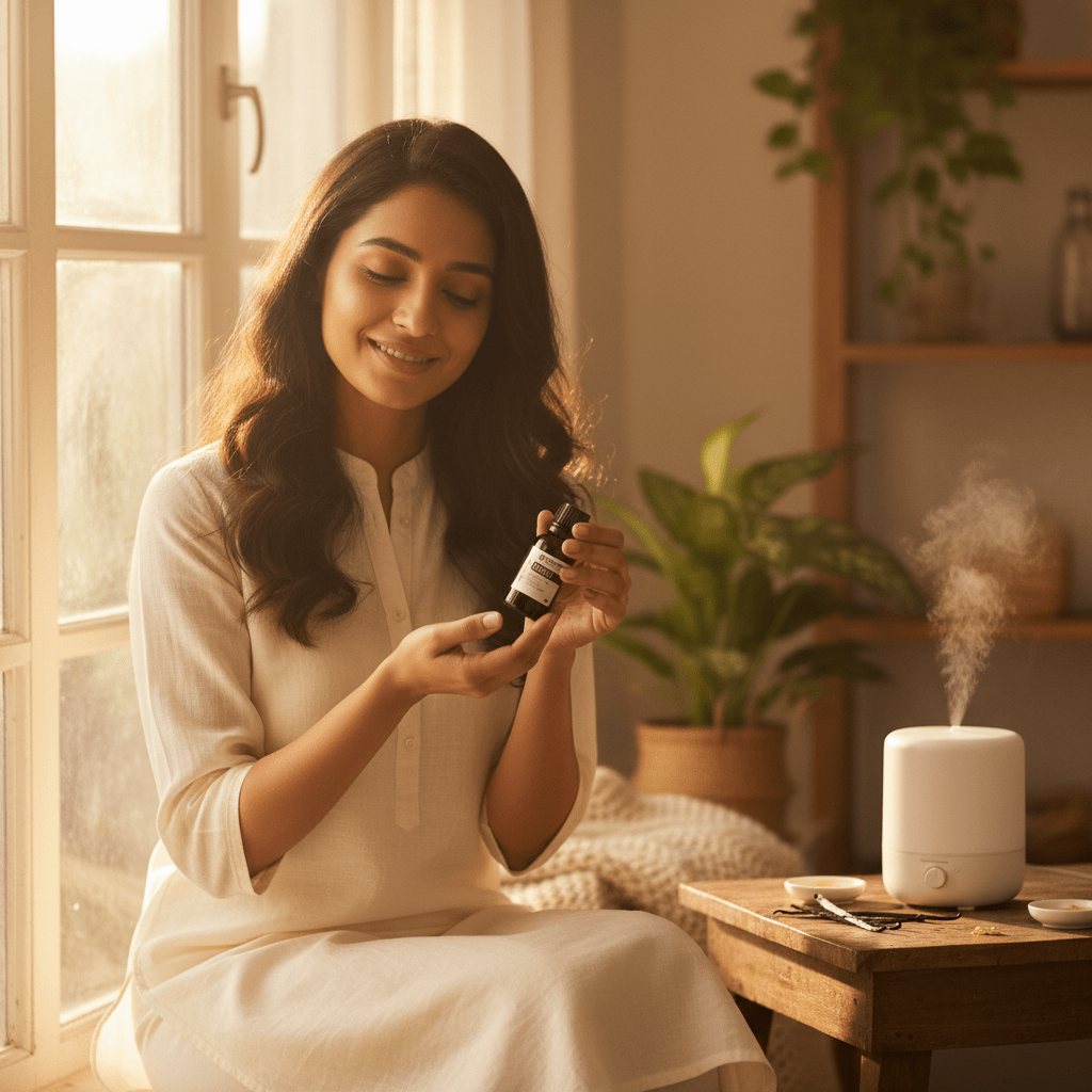 A woman in a white kurta sits by a window, holding a small dark Prasadhak vanilla essential oil bottle. A white diffuser is running on the wooden table beside her, with warm sunlight, indoor plants, and shelves in the background.