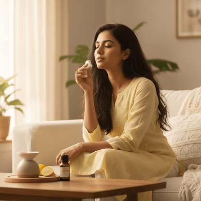 A woman in a pale yellow tunic sits on a cream sofa in a softly lit living room, holding a small Prasadhak bottle near her face. A wooden tray on the table holds a ceramic diffuser, lemons, and a small amber bottle.