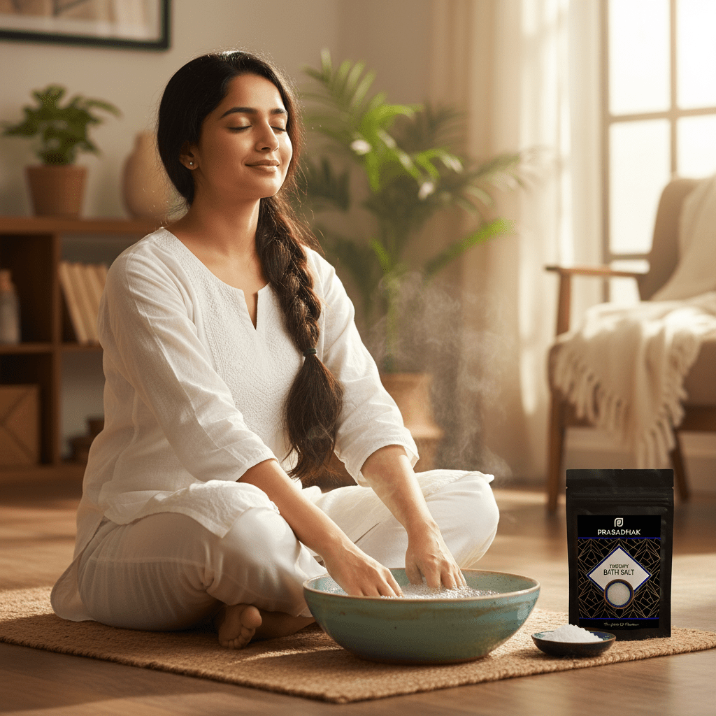 A woman in a white traditional outfit sits cross-legged on a woven mat in a warmly lit room, washing her hands in a teal bowl. A black pouch labeled 'Prasadhak' and a small dish of epsom salt are placed beside the bowl, with steam rising from the bowl.