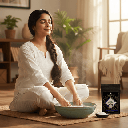 A woman in a white traditional outfit sits cross-legged on a woven mat in a warmly lit room, washing her hands in a teal bowl. A black pouch labeled 'Prasadhak' and a small dish of epsom salt are placed beside the bowl, with steam rising from the bowl.